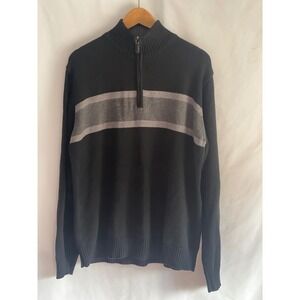 Oscar de la Renta Mens Quarter Zip Sweater Black Grey Striped Cotton Large